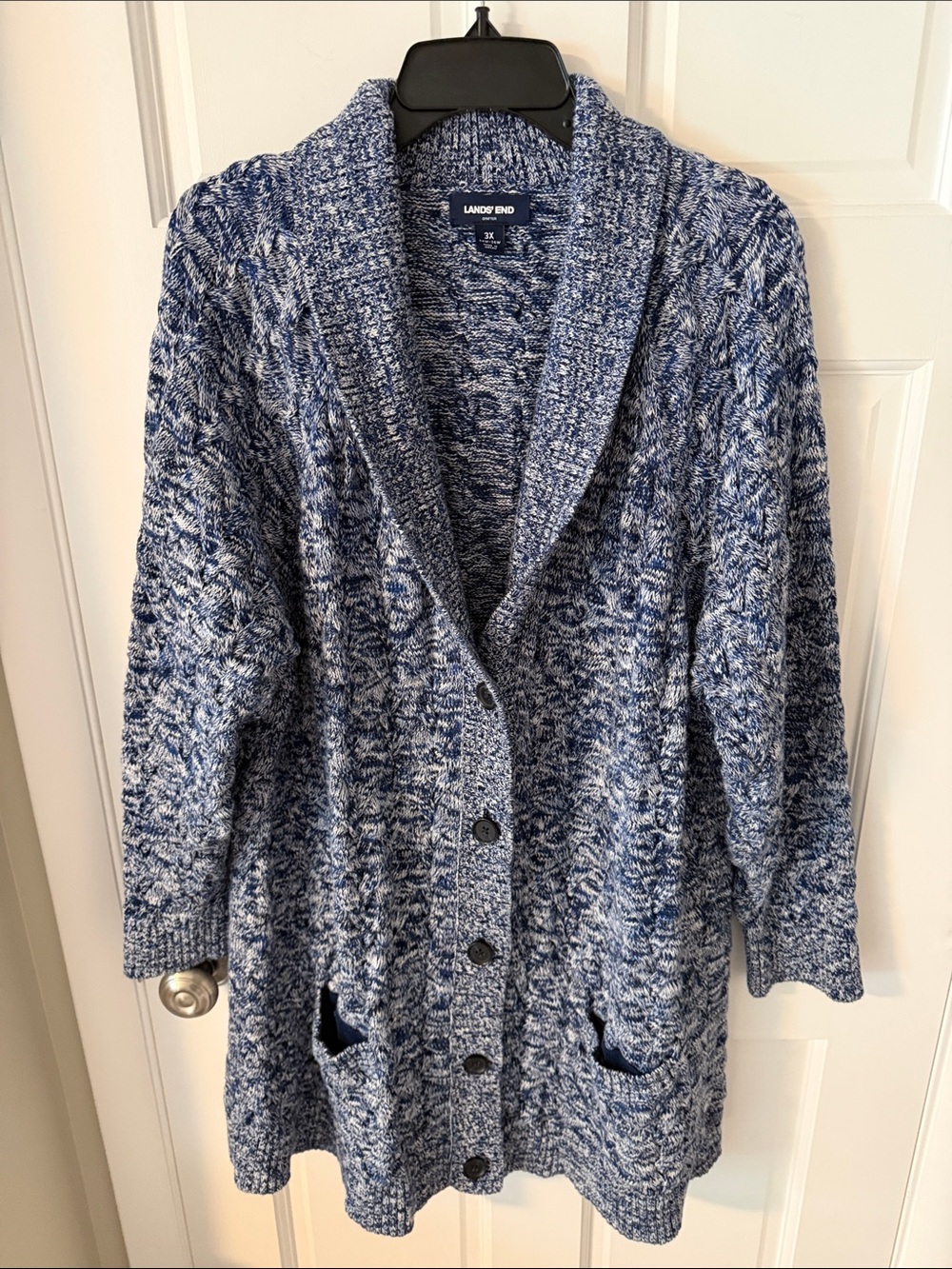 Lands' End Drifter Blue Marled Cable-Knit Shawl-Collar Cardigan Sweater Plus 3X